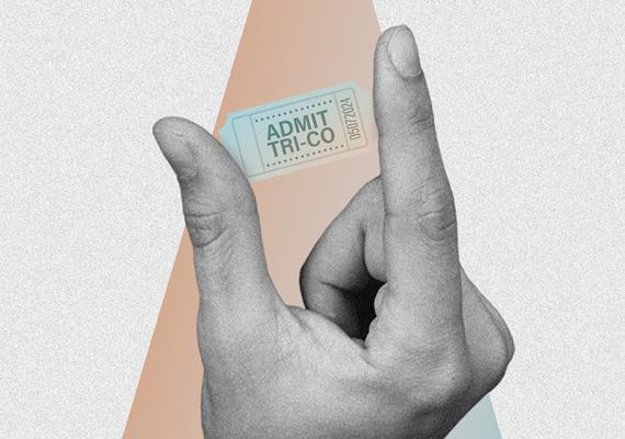An image of a hand holding a ticket stub that reads "Admit Tri-Co" 