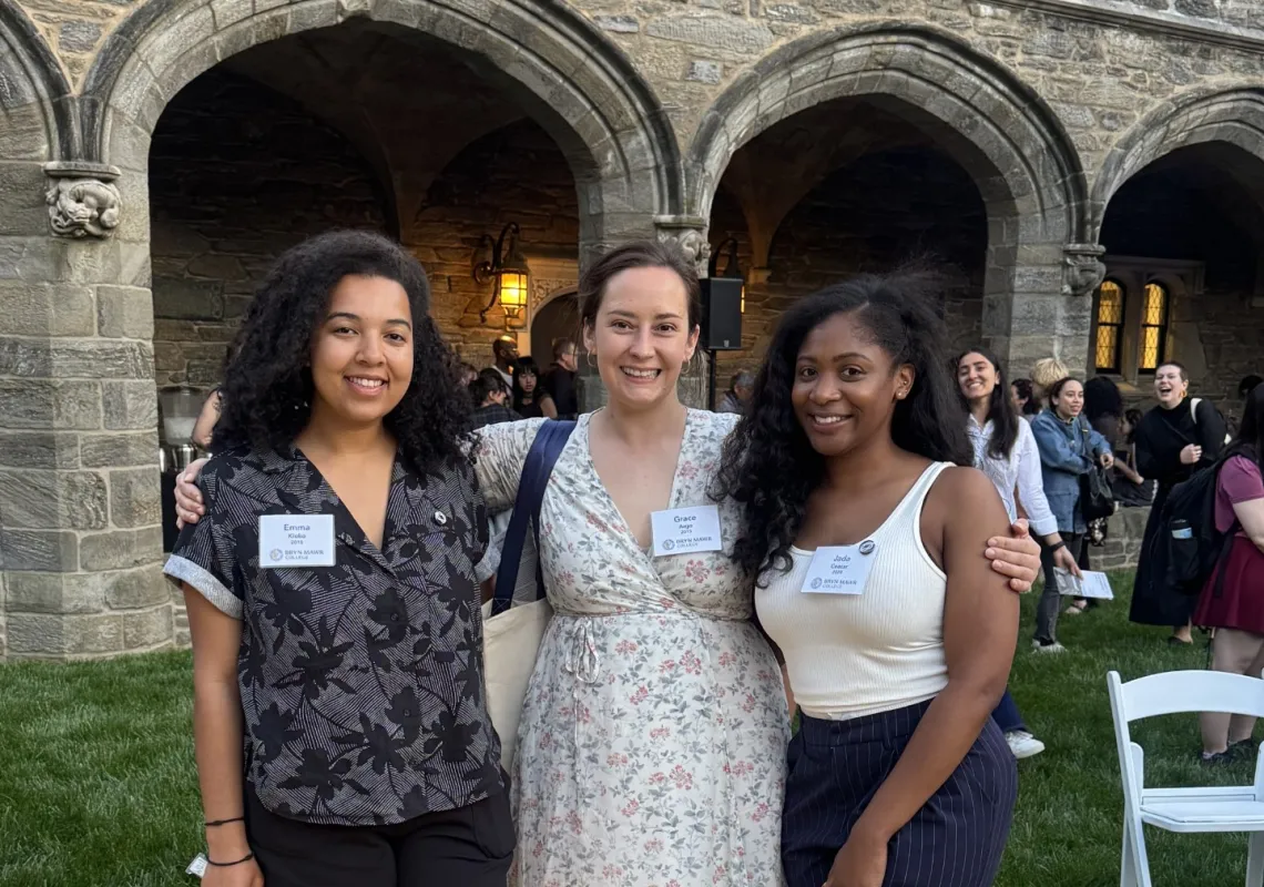 Emma Kioko ’15, Grace Argo ’15, and Jada Ceasar ’20 at the dedication of “Don’t Forget to Remember (Me)” in April 2025.