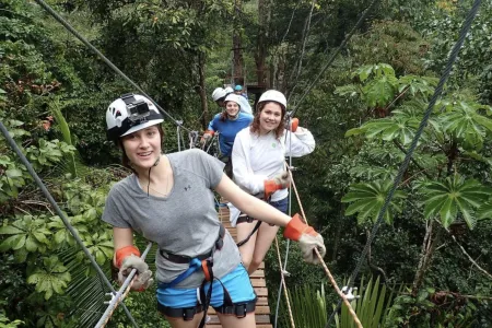 Students wearing helmets on a ropes course in the forest. 
