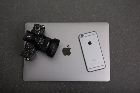 laptop, phone, camera
