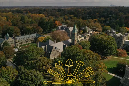 Drone photo of campus with Taylor hall at the center with Building the Next Chapter logo