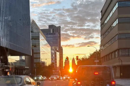Sunrise between 2 buildings in Center City Philadelphia.