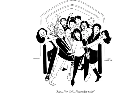 A group of students try to squeeze between the friendship poles in a cartoon by Maggie Larson