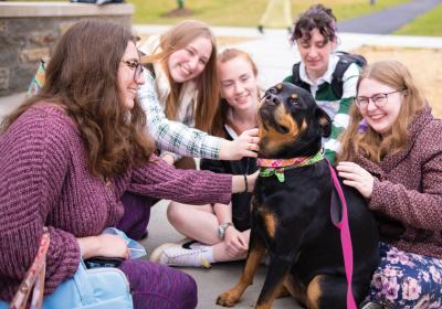 Smiling students surround therapy dog