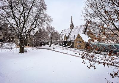 Snow-covered Goodhart Hall