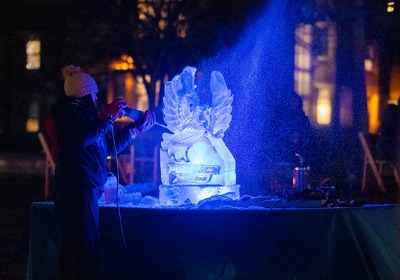 Winter Village ice sculpture of an owl.