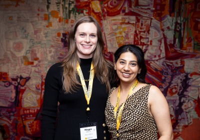 2013 classmates and volunteers Maggie Zelonis, Madrid Club President, and Bhakthi Sahgal, former GOLD Committee Member, reunite in London.
