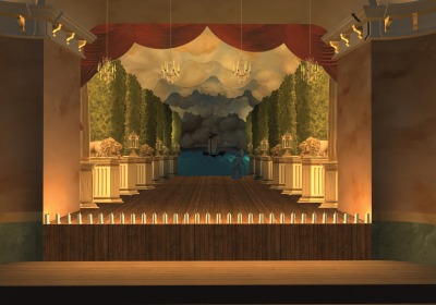 Screenshot of the garden set for the Baroque stage.