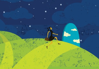 Illustration: female figure exiting horizon