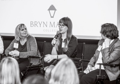Jessica Schwartz '09 is flanked by Julie S. Eng '88, left, and Sarah Kate Wilson '79. Jessica Schwartz, Julie S. Eng, middle, Sarah Kate Wilson, right.