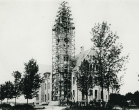 grey scale photo of the construction of Taylor Hall