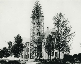 grey scale photo of the construction of Taylor Hall