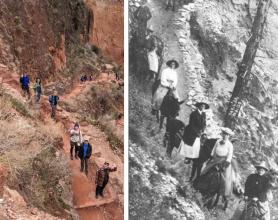 Left to Right: Geology students' recreated photo (left) of Florence Bascom with students in the Grand Canyon, 1906 (right).