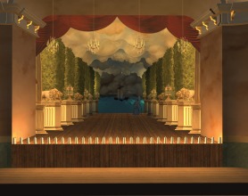Screenshot of the garden set for the Baroque stage.