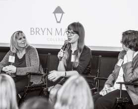 Jessica Schwartz '09 is flanked by Julie S. Eng '88, left, and Sarah Kate Wilson '79. Jessica Schwartz, Julie S. Eng, middle, Sarah Kate Wilson, right.