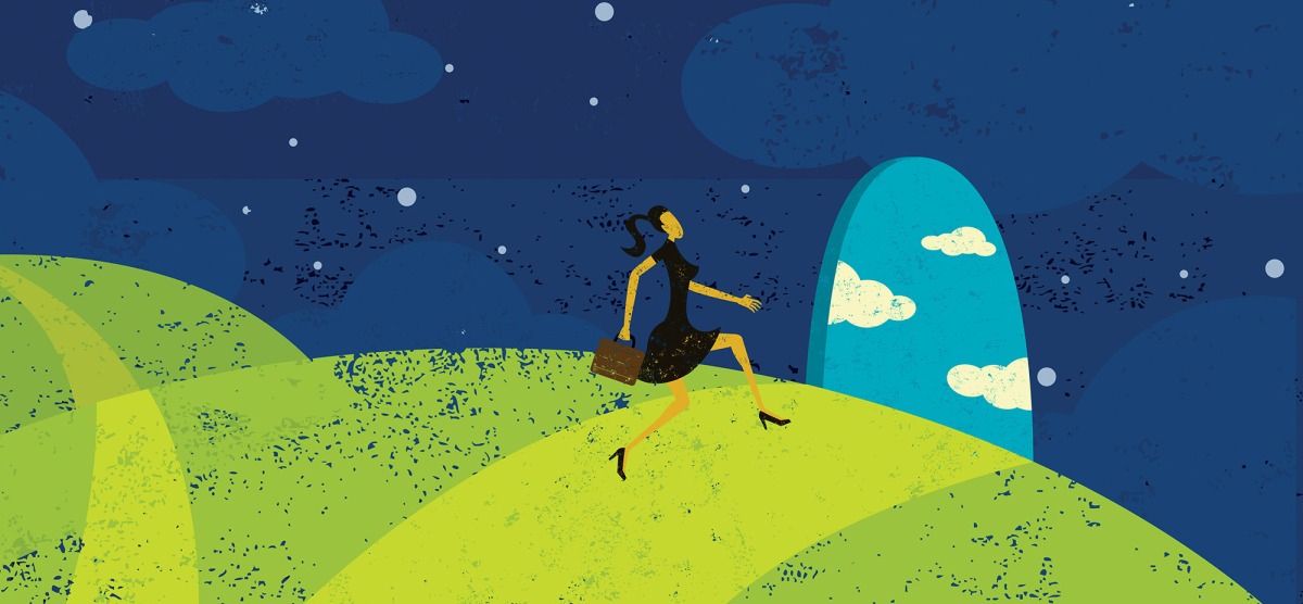 Illustration: female figure exiting horizon