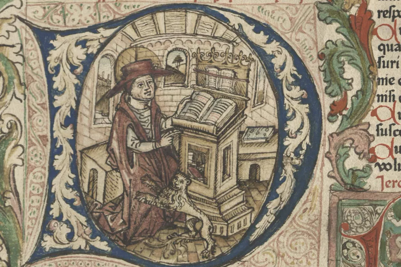 St. Jerome. Detail from the first page of St. Jerome's Epistolae. Mainz: Peter Schoeffer, 1470. Gift of Howard Lehman Goodhart.