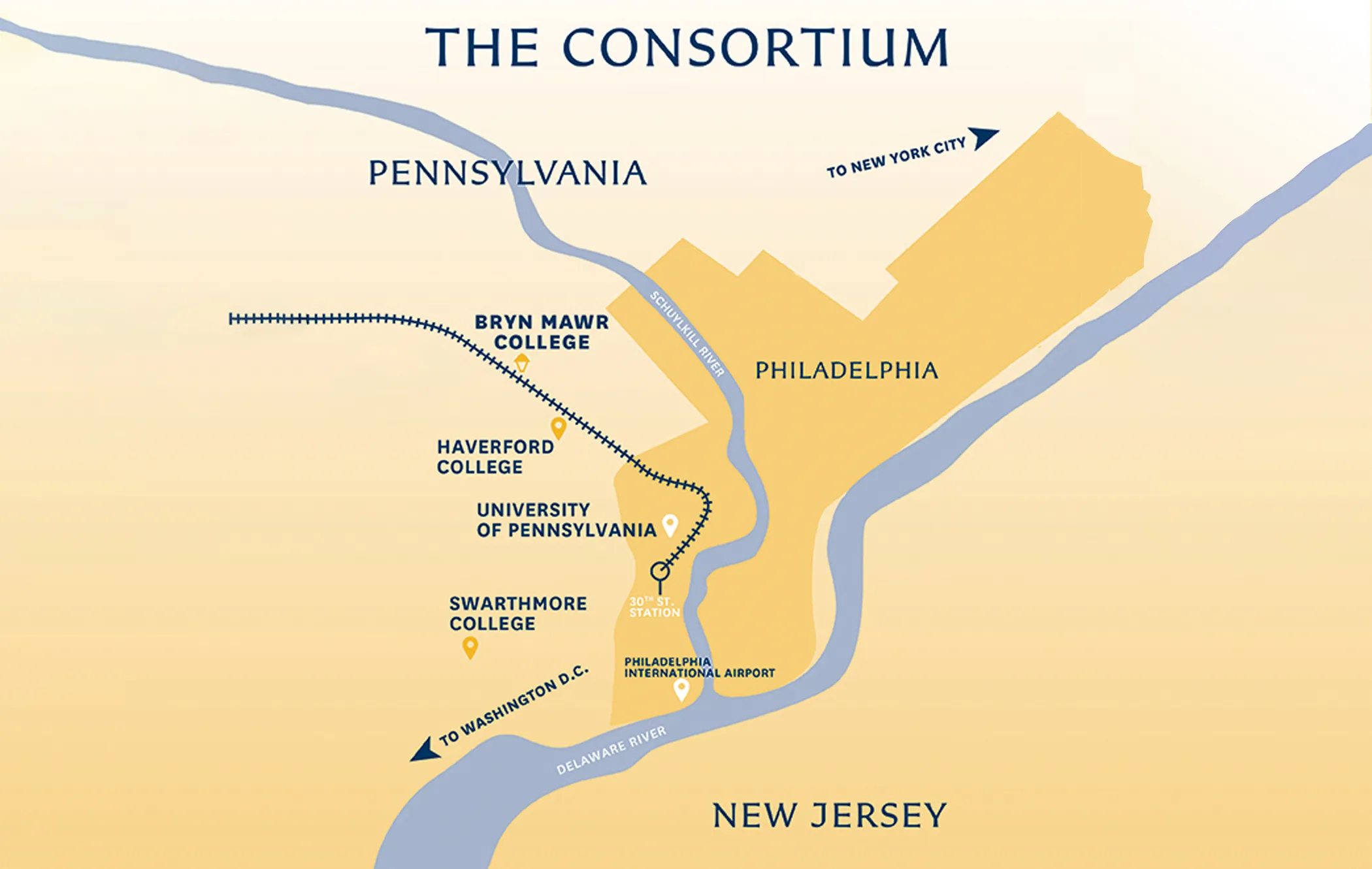 A map displaying all the members schools of the Quaker Consortium on a simple map of Philadelphia