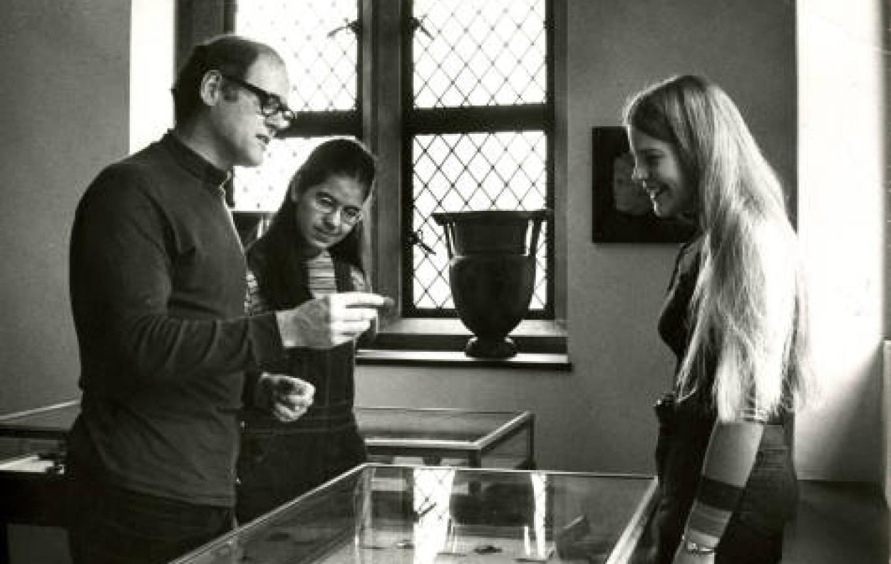 Cornelia King (B.A., 1975), Ann Steiner (Ph.D., 1981) and Professor Carl Nylander examine pottery in the Ella Riegel Memorial Museum, 1972.jpg