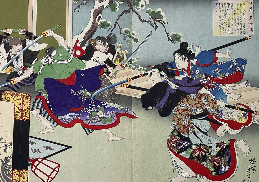 Elaborately clad figures fight with swords within an interior. 