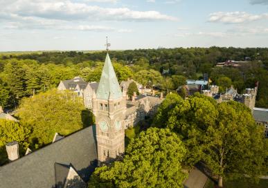 Birds eye view of Taylor Hall and the Bryn Mawr College campus