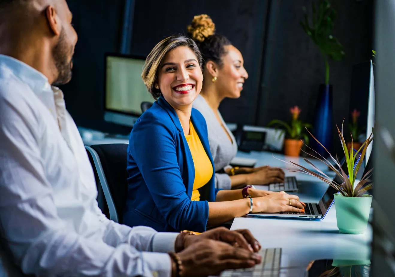Employees working together and smiling