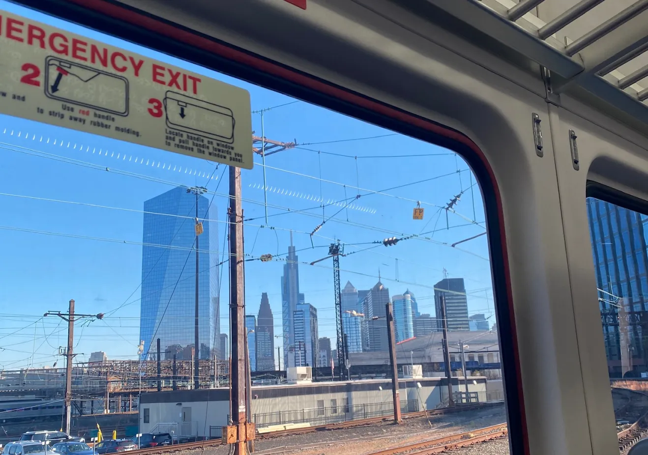 a view of the Philadelphia skyline from inside the SEPTA Regional Rail
