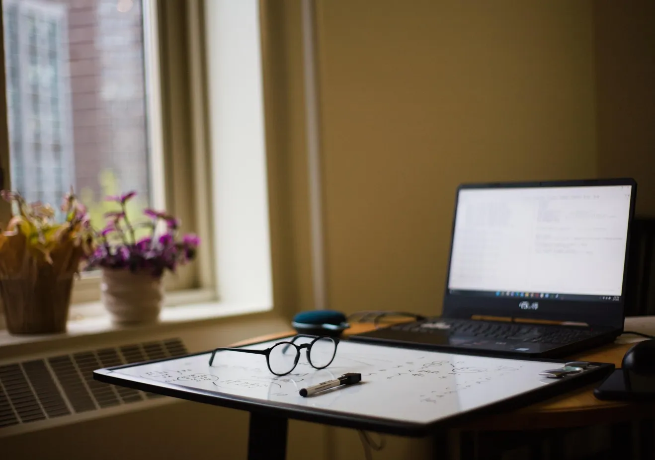 computer, whiteboard, glasses