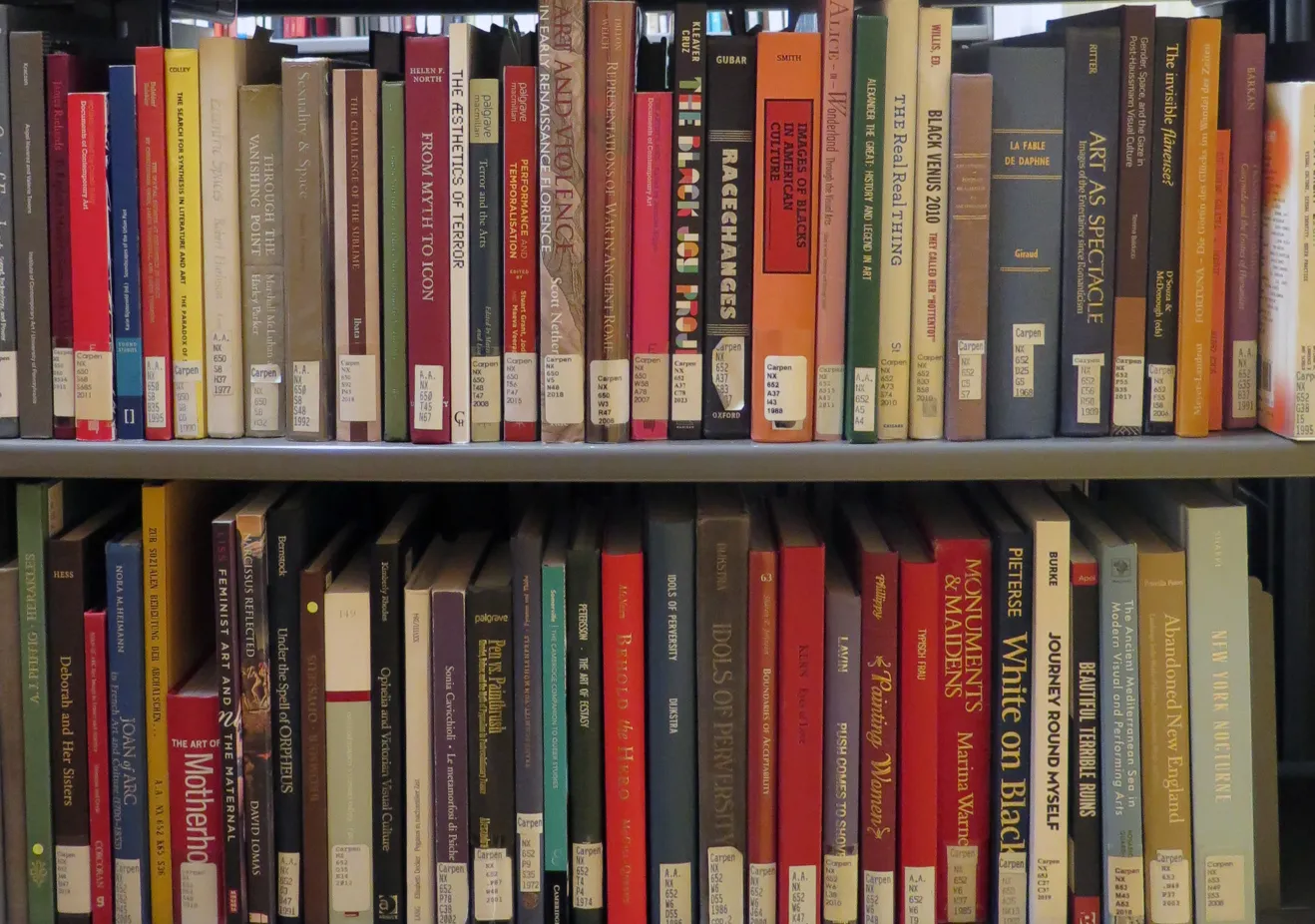 rows of library books on shelves
