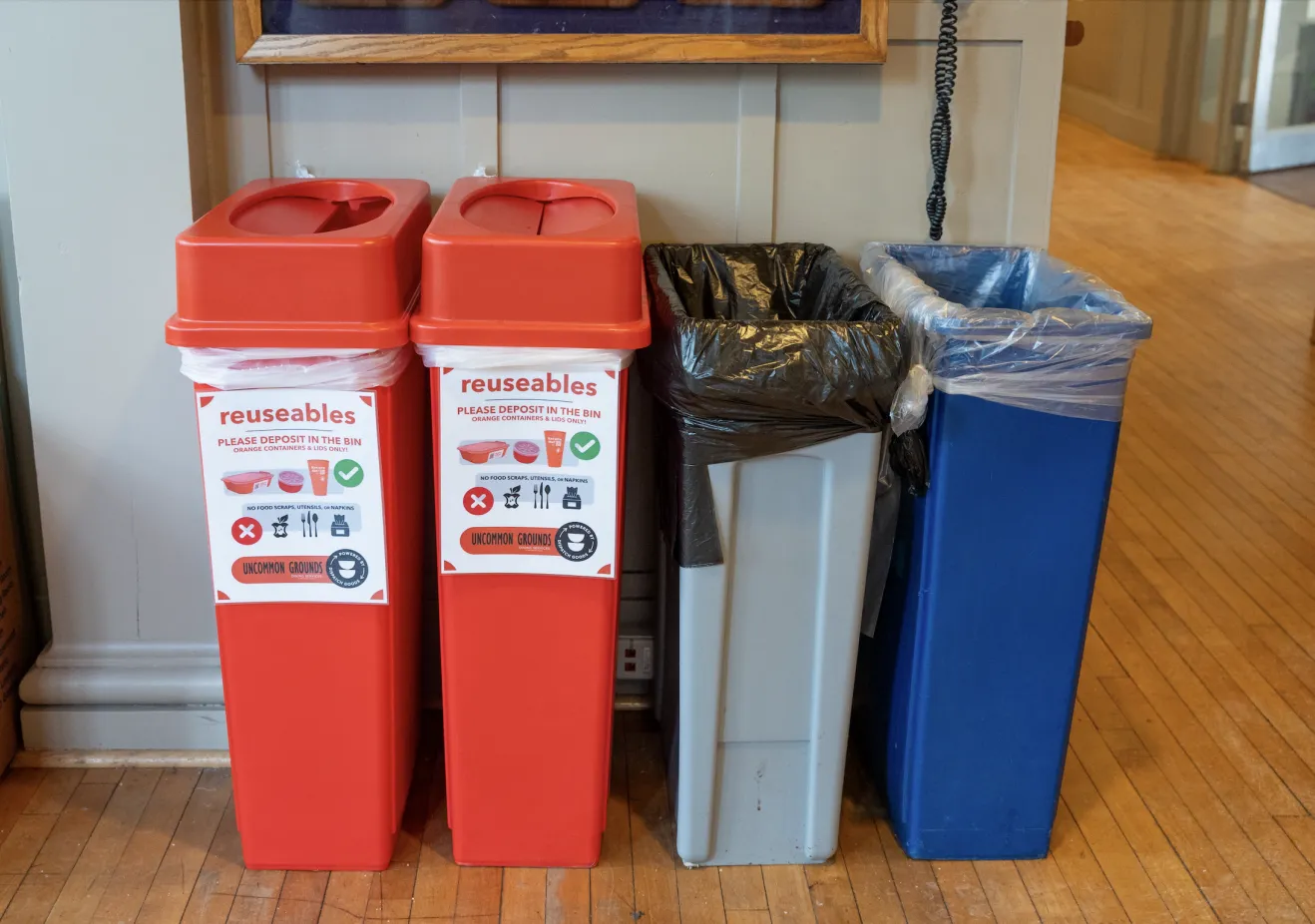 Orange bins in the campus center