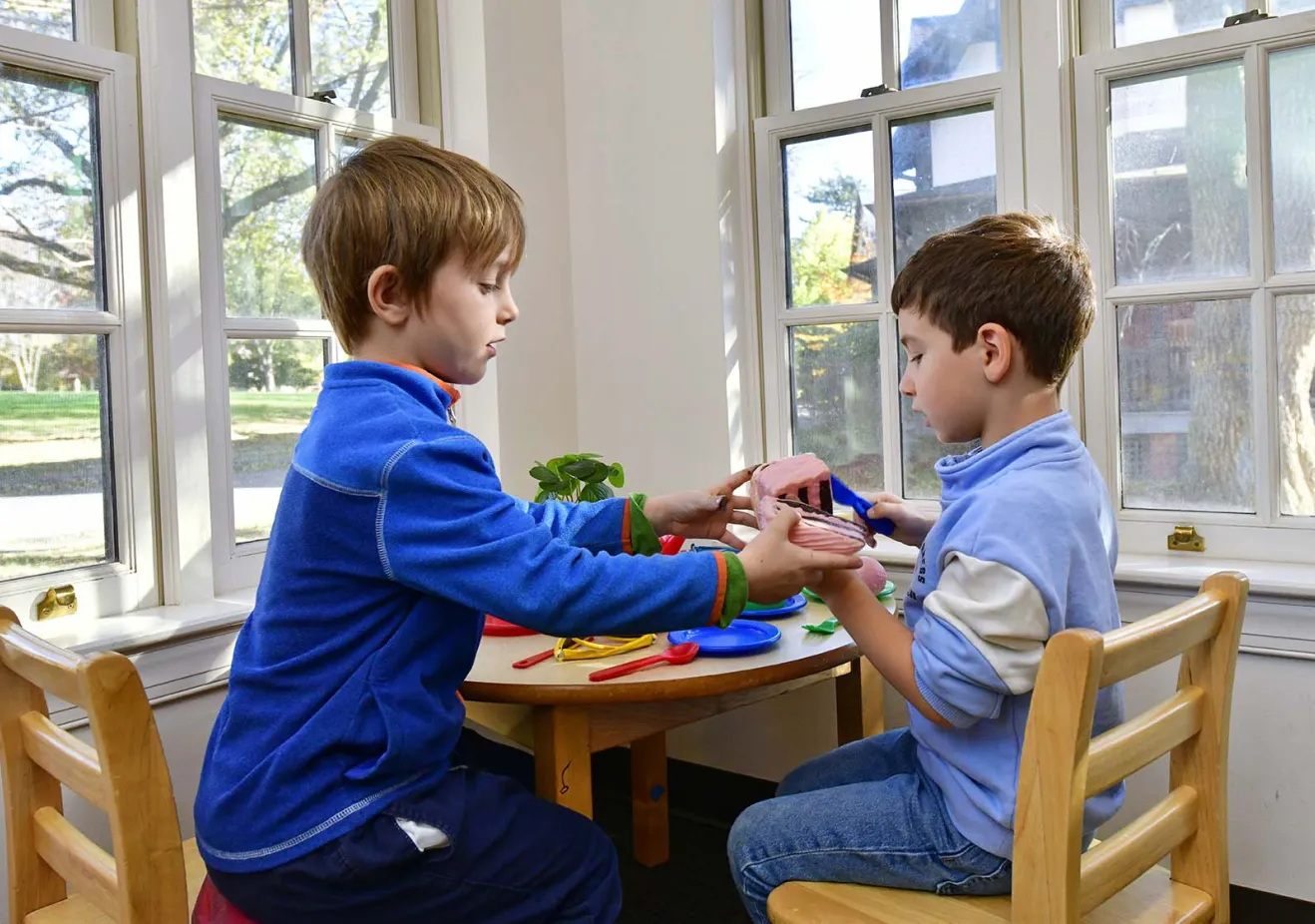 Two boys playing near windows