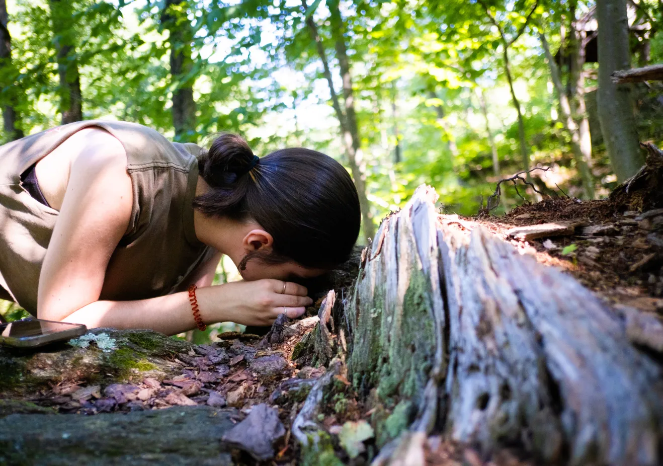 A young woman with light skin and dark hair tied back in a messy bun looks up close at a rock formation in the forest