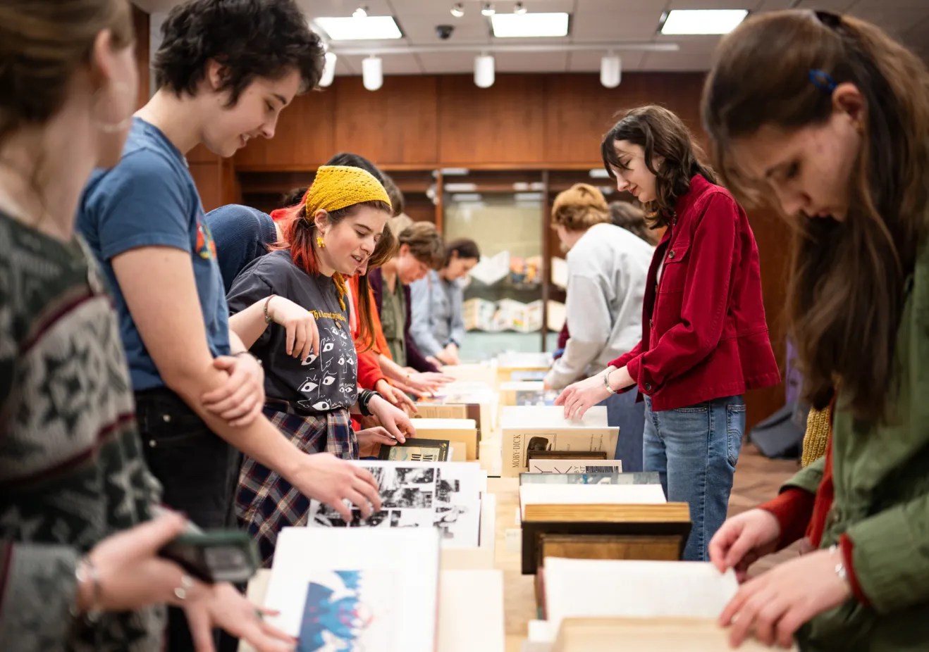 Students in a Bryn Mawr College seminar class examine historic texts