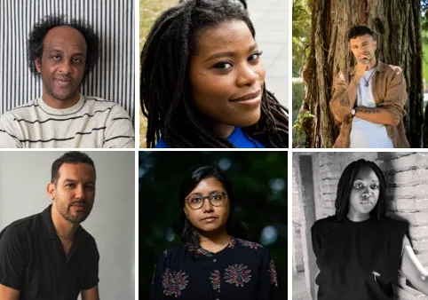 headshots of six guest authors for Reading Series 2026-2027: Dinaw Mengestu, Kaitlyn Greenidge, Raymond Antrobus, Justin Torres, Megha Majumdar, Canisia Lubrin