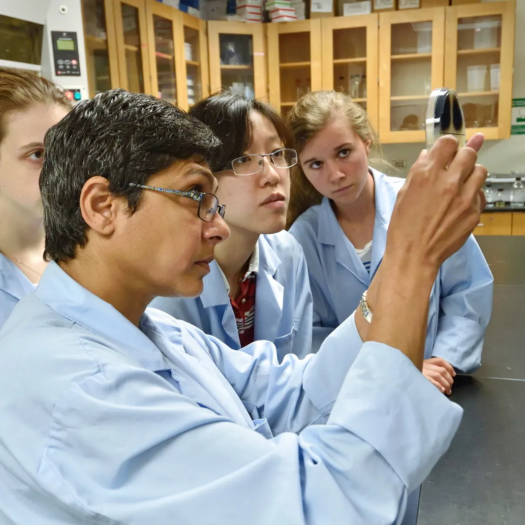 Biology students and professor work in a lab