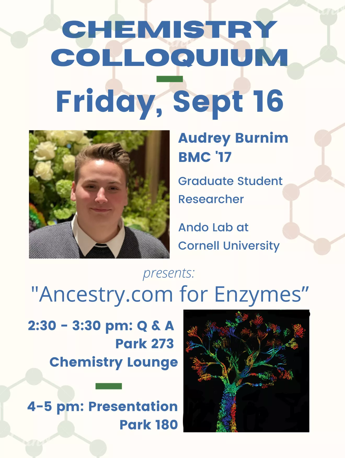 Picture of Audrey Burnim and a colorful tree graphic representing their talk entitled "Ancestry.com for Enzymes"