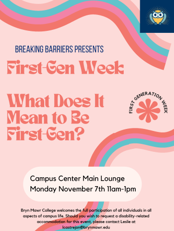 Flyer for First-Gen Week What Does it Mean to Be First-Gen event which lists day,time and place