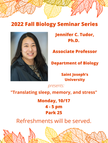 Flyer announcement for October 17 Biology Seminar with Dr. Jennifer C. Tudor, PhD