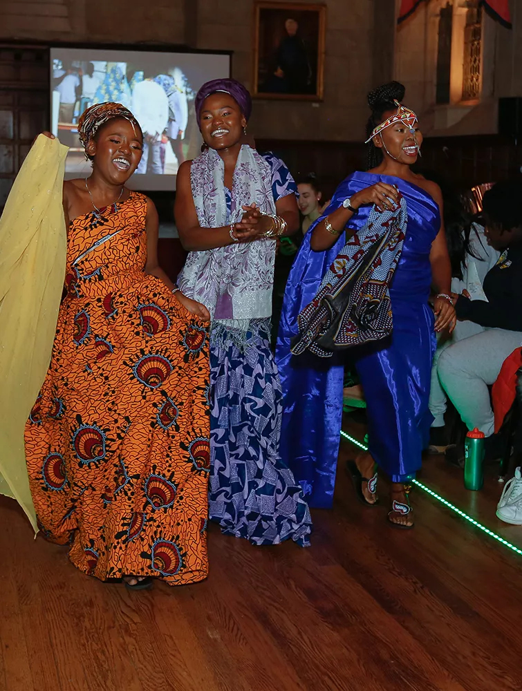 Joan Ndichu '21, Millicent Auma '21, and Lyncy Nyandoche '21 in Kenyan wedding attire.