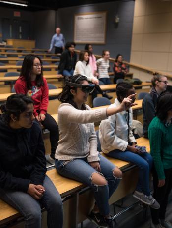 Students at a Bryn Mawr class use the HoloLens, an augmented-reality headset.