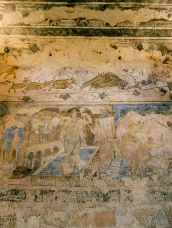 Hunting mural from Qusayr ʿAmra Baths decorated by Umayyad prince al-Walid ibn Yazid, Early Eighth Century C.E., Eastern Jordan