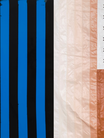 Left: Tariku Shiferaw, Tearz (Wu-Tang), 2019; spray paint, iridescent film, mylar, vinyl, 48 x 36; photo by Dario Lasagni. Right: Tajh Rust. -nation (Hyphenation), 2016; acrylic on nylon, 60" x 36"; edition of five; photo by NURTUREart.