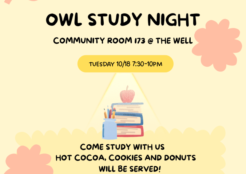 Breaking Barriers celebreates Wellness Week at The Well with Owl Study Night Session on 10/18 at 7:30-10pm!