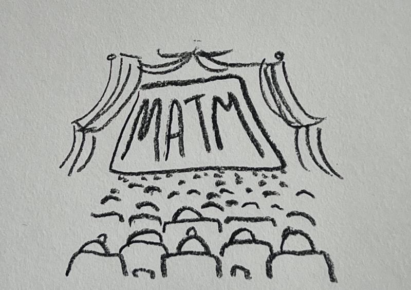 Drawing of a packed movie theater with "MATM" on the screen.