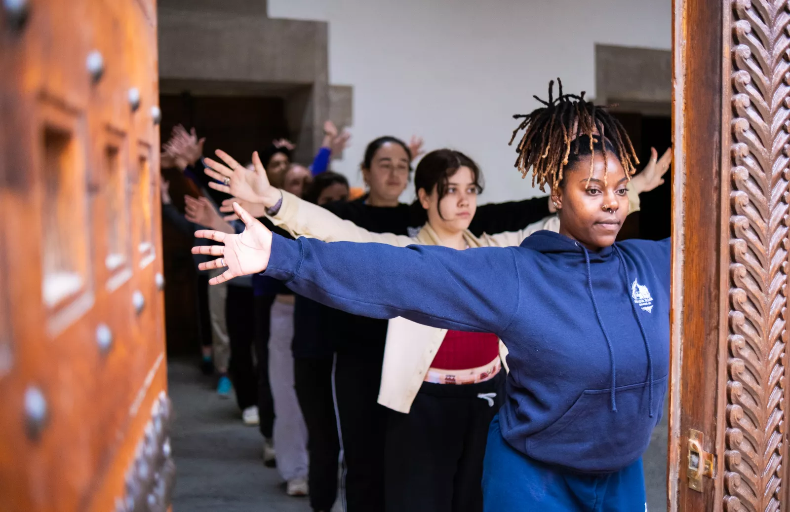 The Dancers of Liminal Lobby rehearse in Goodhart Hall.