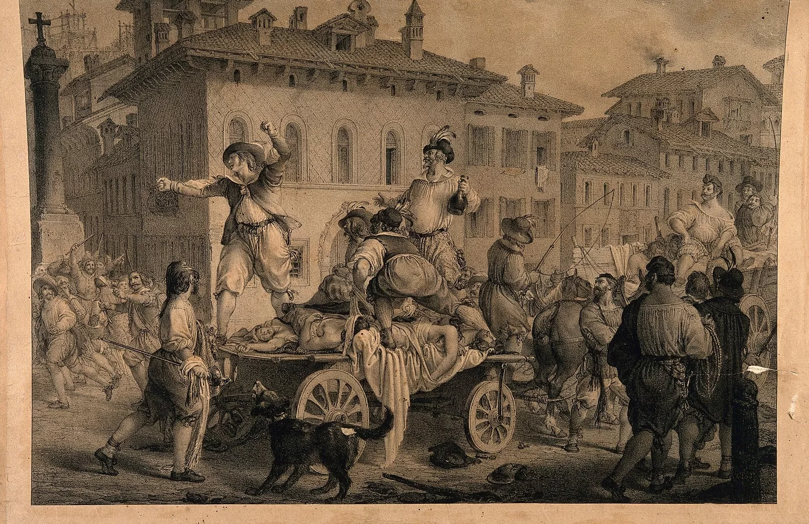 A scene from "I promessi sposi". Renzo, having escaped the lynching of the crowd who has mistaken him for an untore, jumps on the chariot of corpses and from there shows his fists to the crowd.
