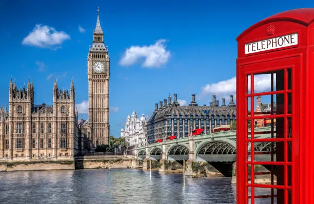 An image of London with a red phone booth in front of Big Ben