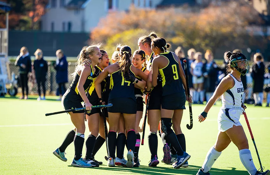 Field Hockey team hugs after winning Nov. 13 game