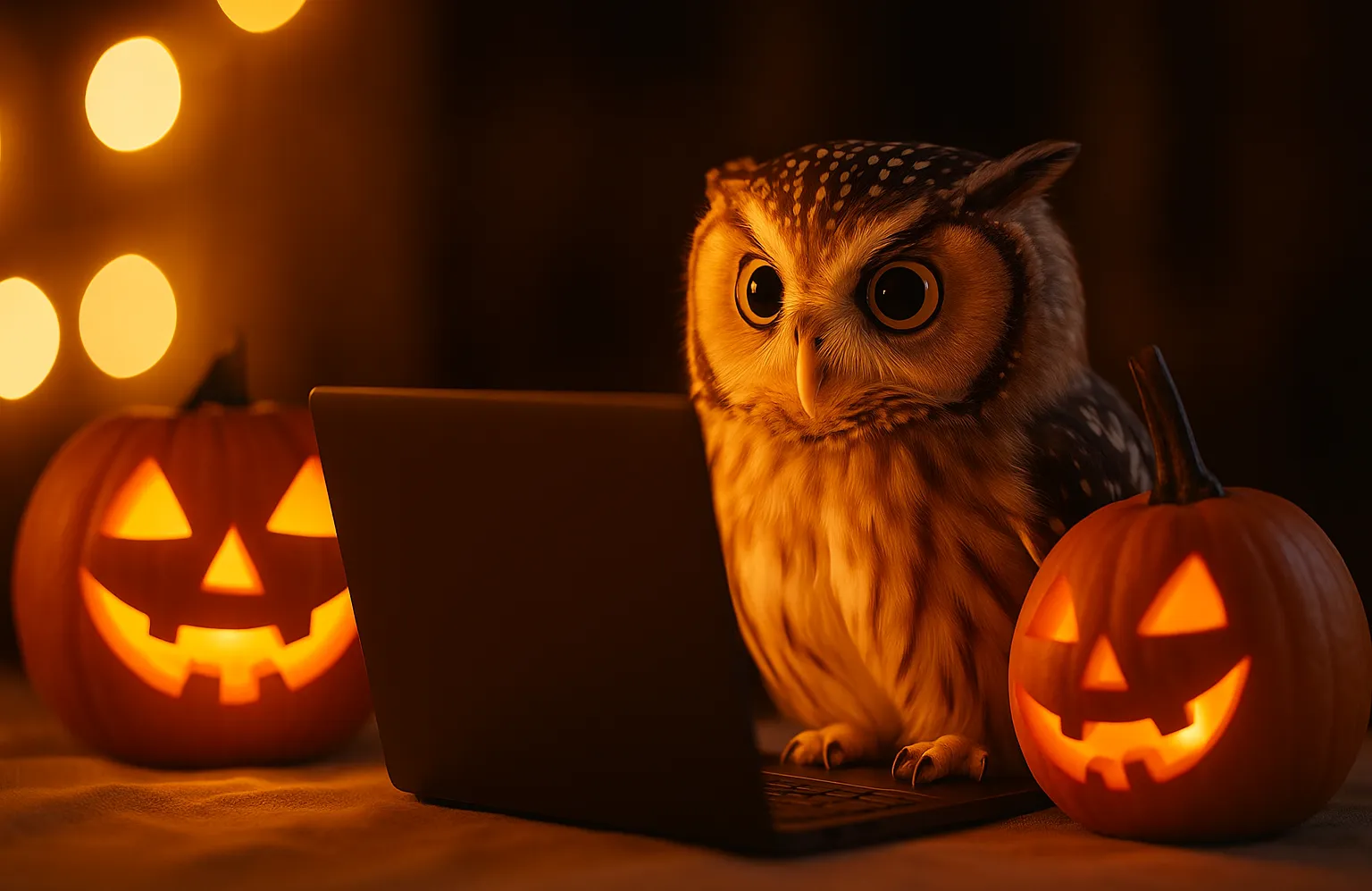 AI owl in  front of laptops with two jack-o-lanterns