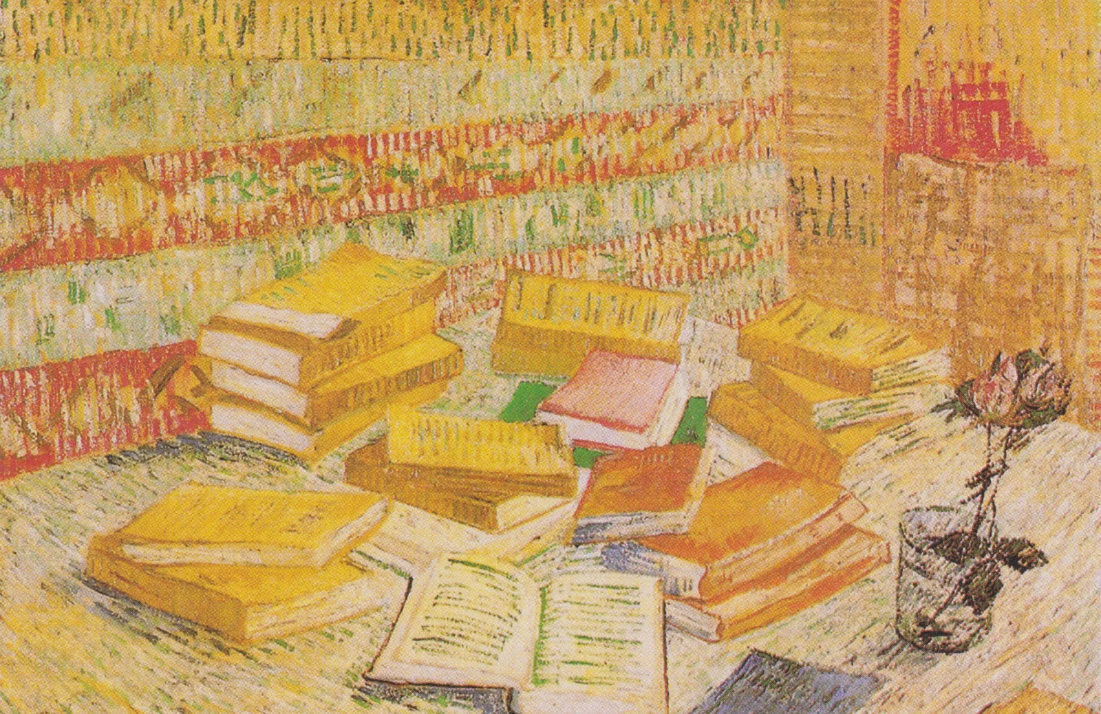Vincent van Gogh, "Still Life with French novels and glass with a rose", photo on public domain